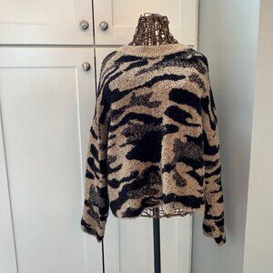 Rag Poets | Animal Print Textured Knit Sweater | Tan Black | Size Large